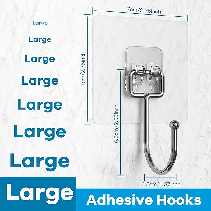 Stainless Steel Large Adhesive Hooks (8 pcs) - 22Ib/10KG Max, Waterproof & Rustproof for Heavy Duty Use in Kitchen, Bathroom, Home & Office