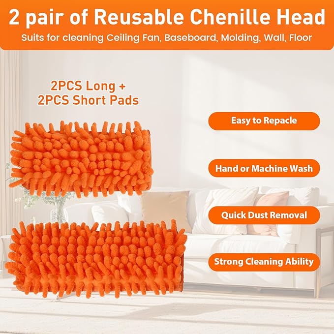Ceiling Fan Cleaner Duster with 63" Extension Pole, Ceiling Fan Blade Cleaning Tool, Dusters for Cleaning High Ceiling Fan Reusable Chenille Pads for Blind, Baseboard, Wall