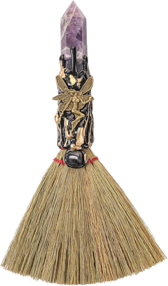 Crystal Witch Altar Broom - Witchcraft Supplies with Amethyst Wiccan Stuff Broomstick with Natural Healing Crystals Hexagonal Points Pagan Fengshui Reiki Energy Clearing Gift