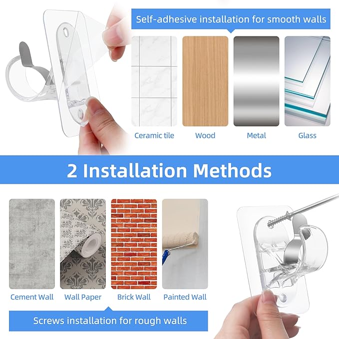 ANDGOO 10 Pack No Drill Curtain Rod Brackets, Renter Friendly Self Adhesive Curtain Rod Holders, Heavy Duty No Drilling Curtain Rod Hooks for Apartment Bedroom Bathroom Dorm Kitchen, Transparent