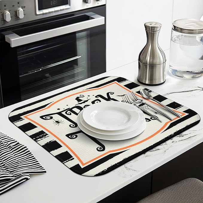 Halloween Dish Drying Mat for Kitchen Counter, Halloween Trick or Treat Microfiber Drying Mat,Distressed Black and White Background Washable Absorbent Countertop Holiday Dish Mat Drain Mat,16x18 Inch