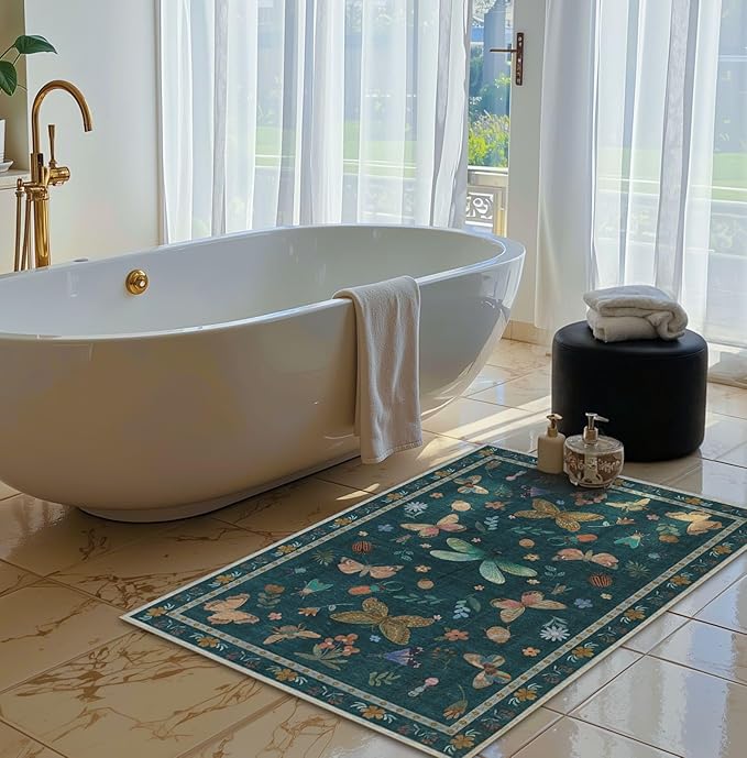 2x3 Washable Rug,Small Door Mat Floral Entryway Rug, Boho Front Door Mat, Bath Rug,Non Slip Area Rugs, Low Pile Throw Accent Carpet for Indoor Entrance, Bathroom and Kitchen(Teal 2x3ft)