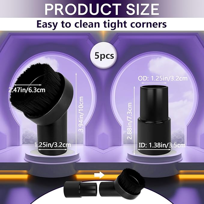 5PCS Fiber Brush Vacuum Attachment Set - Black Round Vacuum Attachments & Brushes - Shop Vac Brush Attachment for Most Vacuum Cleaners Accessories - 1 1/4" Vacuum Attachments Included