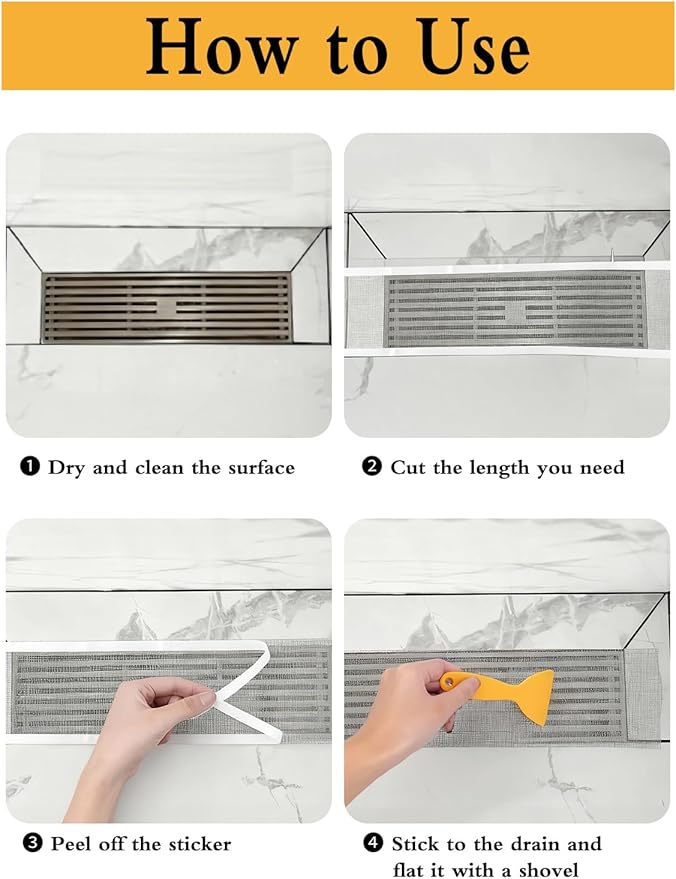 2 Pack Disposable Shower Drain Hair Catcher with Removal Tool, Self-Adhesive Floor Drain Covers Stickers for Linear Shower Drain Bathroom Home Kitchen, 4 Inch /4.7 Inch x 33 ft