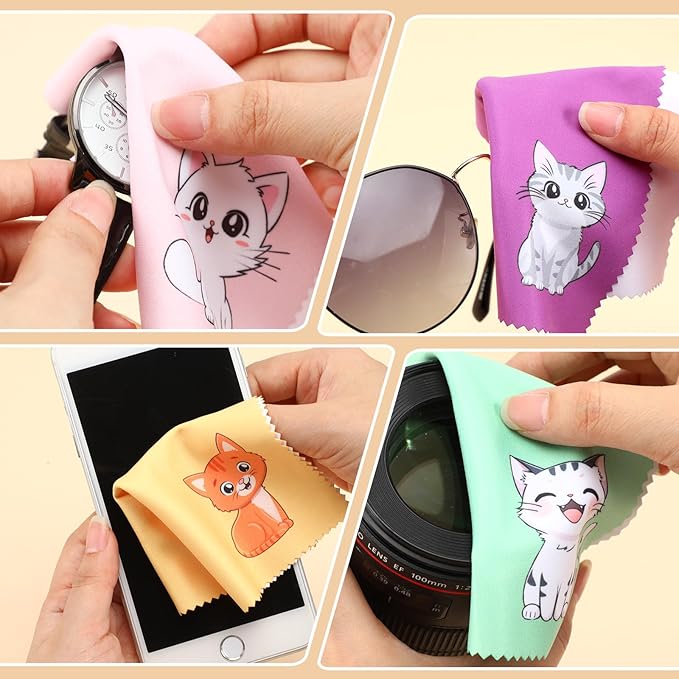 Breling 24 Pack Microfiber Cleaning Cloth Cute Animal Eyeglass Clean Cloths Lens Wipes for Glasses Sunglasses Lens Camera Cell Phone Screens 6" x 6" in(Cat)