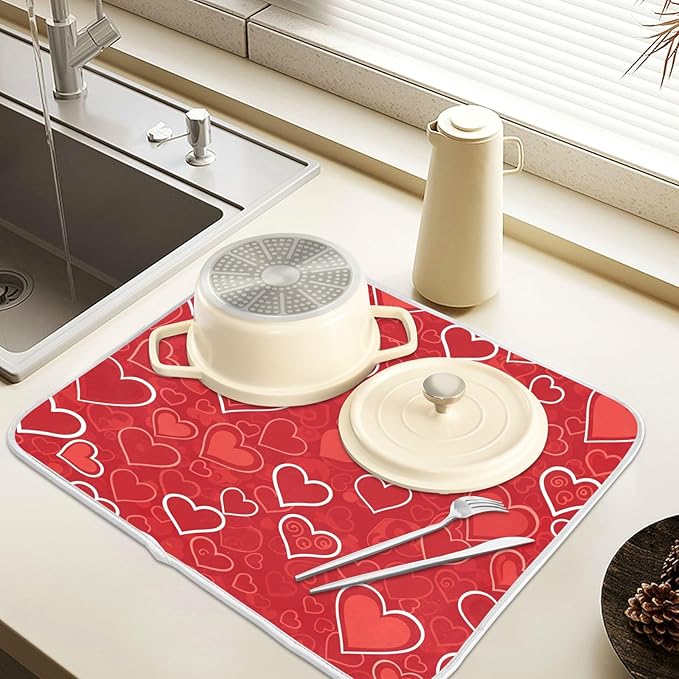 Red Hearts Cute Dish Drying Mat for Kitchen Counter Absorbent Microfiber Small Drying Pad Dish mats for Kitchen Countertops 16 x 18 Inch