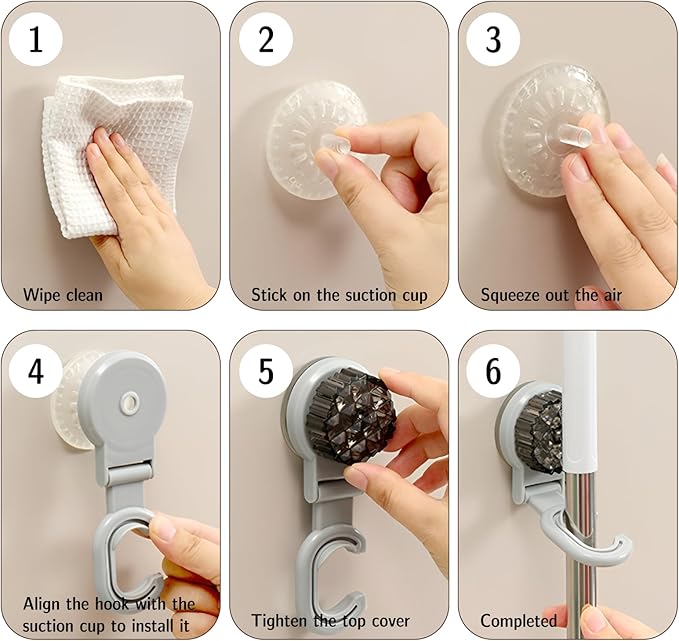 3 Pack Suction Cup Mop and Broom Holder Wall Mount–Renter Friendly Decor, No Drilling Required, Under Cabinet Hooks, Versatile Broom and Mop Organizer Wall Hanging