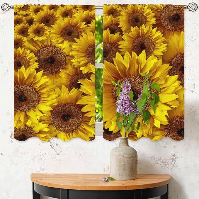 Sunflower Kitchen Curtains Vintage Rustic Grunge Flowers Field Blooms Yellow Petals Short Tier Curtains for Bathroom Cafe Small Window Drapes Treatment 2 Panels (27.5x39 Inch)