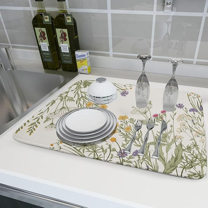 Khope Spring Dish Drying Mat for Kitchen Counter 18x24 Inch Sage Green Wild Flower Plant Reusable Washable Drying Pad Countertop Home Decor