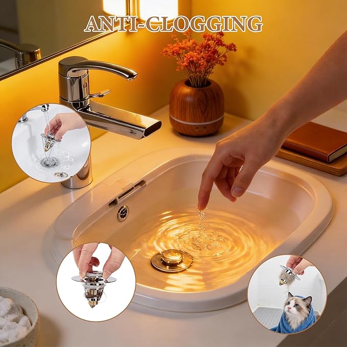 Bathroom Sink Stopper – Universal Bathroom Sink Drain Strainer with Hair Catcher Anti-Clog Pop-Up Drain Plug for 1.1–1.5 inch US Standard Openings