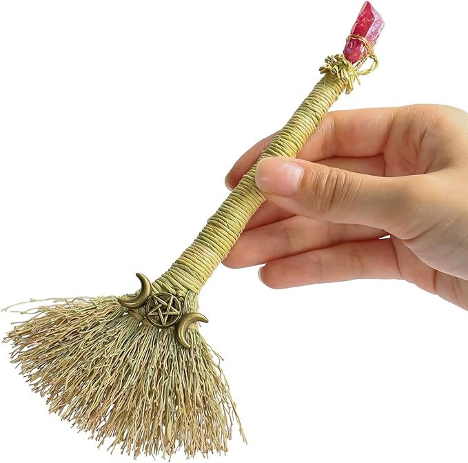 Witch Altar Mini Broom with Crystal and Triple Moon Decor - Wiccan Tools for Healing Energy Cleansing Altar Decoration (Red Crystal)