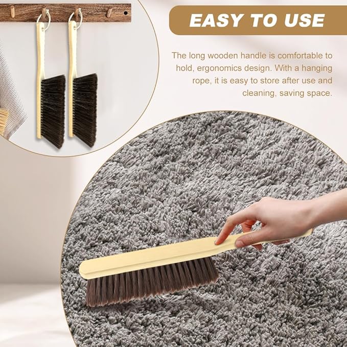 2 Pieces Wooden Hand Broom Brushes, Bench Brush with Long Wood Handle, Soft Bristle Cleaning Dust Brush for Counter, Bench, Car, Furniture, Bed, Woodworking Cleaning(Color:As Shown)