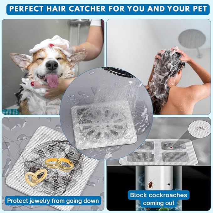 50 Pack Premium Disposable Shower Drain Hair Catcher Stickers – Waterproof Mesh Drain Cover for Shower, Bathtub, Bathroom, Kitchen Sink & Laundry, Easy Peel & Stick Hair Stopper for Human & Pet Hair