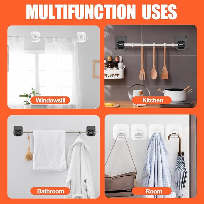 Apartment Dorm Farmhouse Decor No Drill Curtain Rod Brackets 20LB-Renter Friendly Housewarming Men Gift Adhesive Hooks No Drilling Holder for Hanging Classroom Drapes Rv Over Blinds Hangers