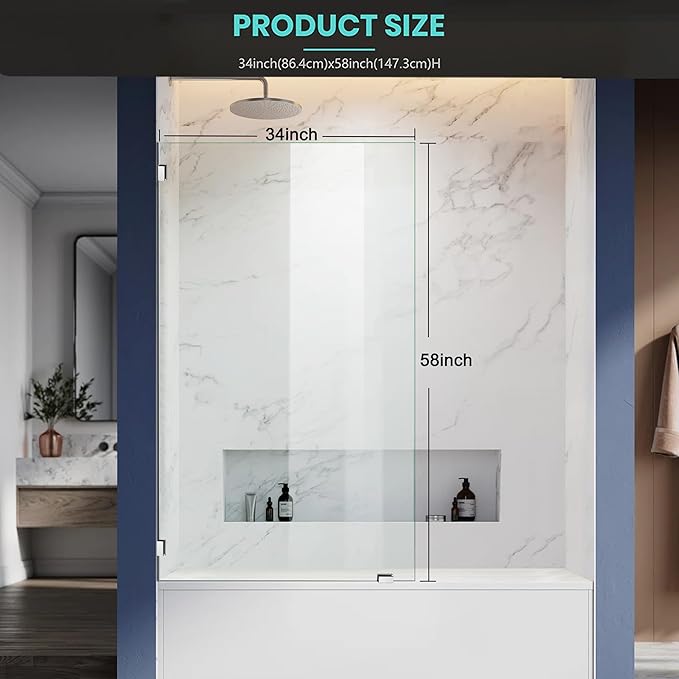 34" W x 58" H Frameless Single Fixed Bath Panel, Fixed Bathtub Screen with Clamps, 1/4" Clear Glass, Bathroom Shower Door Screen Fixed Tub Shower Glass Door Panel, Silver
