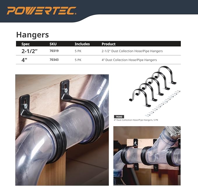 POWERTEC Clear PVC Pipe 4" x 36" Long, 2PK Plastic Tubing and 5PK Pipe Straps w/Anchors & Screws Compatible w/Dust Collection Fittings - Hose for Woodworking Tools (70471)