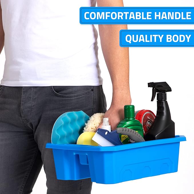 CANOPUS Storage Tray Tote with Functional Holes - 2 PCs Plastic Cleaning Caddy with Handle, Portable Caddy, Undersink Storage for Kitchen, Shoe Cleaning Box, Products Organizer, Blue