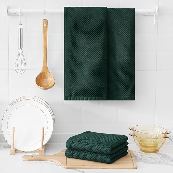 Kitinjoy 100% Cotton Waffle Weave Kitchen Hand Towels (13 X 28 Inches, Blackish Green), 8-Pack Super Soft and Absorbent Dish Towel for Drying Dishes