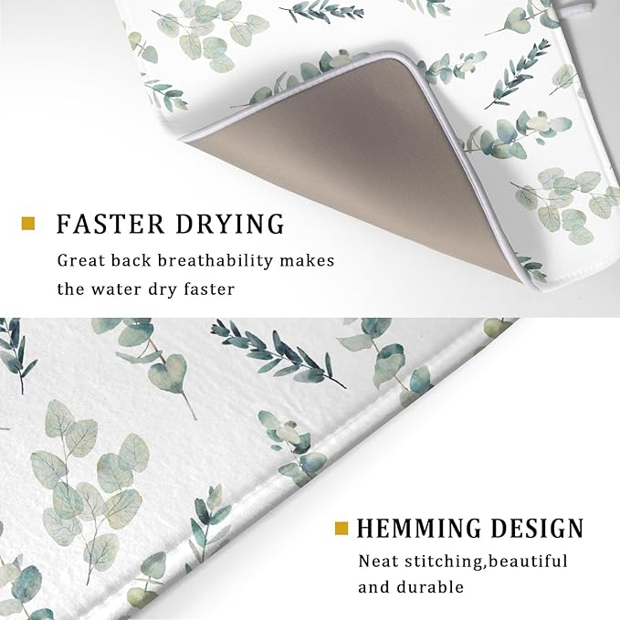 Eucalyptus Leaf Dish Drying Mat for Kitchen Counter Spring Summer Seasonal Microfiber Absorbent Dish Draining Reusable Washable Foldable Extra Large 18"x24"