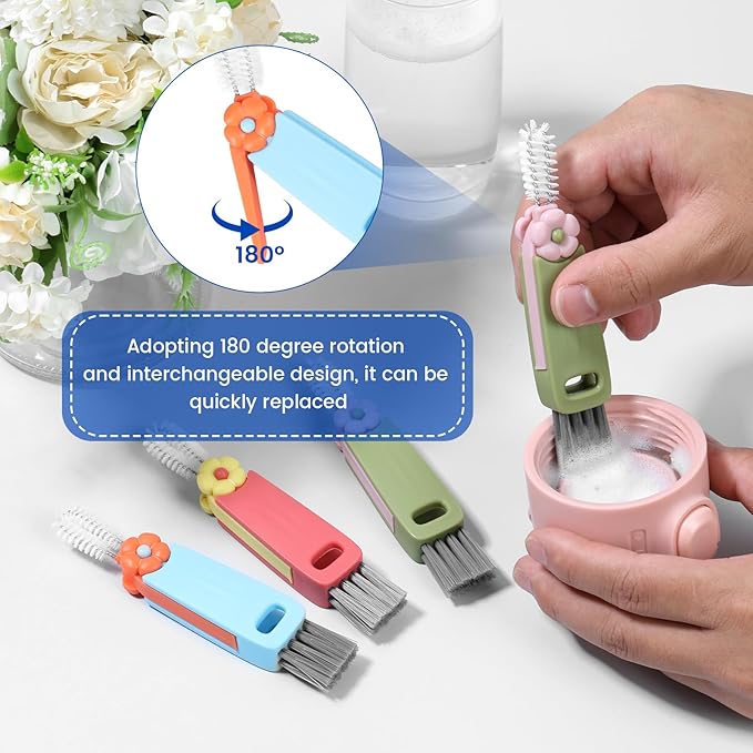 12 Pack 3 in 1 Cup Lid Cleaning Brush, 180° Rotatable Bottle Brush Gap Cleaner, Multifunctional Hangable Crevice Cleaning Brush for Baby Bottle, Water Bottle, Tumbler & Kitchen Mugs