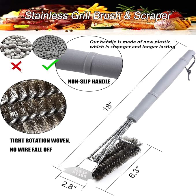 Grill Brush and Scraper-Best BBQ Brush for Grill Outdoor, Safe 18" Stainless Steel w/Wire 3 in 1 Bristles Grill Cleaning Brush - Gifts for Grilling Enthusiasts & Men Dad