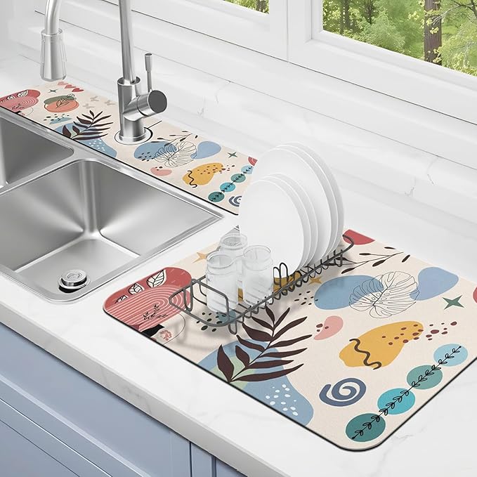 Dish Drying Mat for Kitchen Counter Matt, 2PCS 23"x15" Dish Drainer Mat & 24"x5.5" Sink Splash Guard, Super Absorbent Non-slip Rubber Backed
