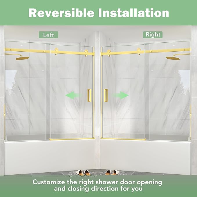 KPUY Frameless Sliding Bathtub Door, 55-60" W x 60" H Tub Shower Door, 1/4" (6mm) Thick Tempered Clear Glass with Explosion-Proof Film Nano Coating, Brushed Gold