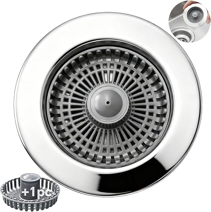 Solid Brass Body 3-in-1 Kitchen Sink Drain Strainer & Stopper, Heavy Duty Pop Up Plug Assembly with 2 Baskets, Anti-Clog Replacement for US Standard 3-1/2 Inch Drains, Rust-Proof Silver