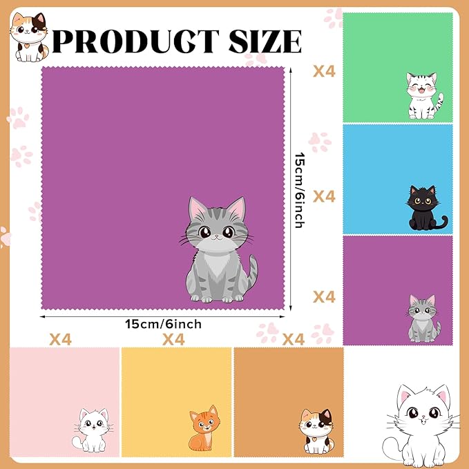 Breling 24 Pack Microfiber Cleaning Cloth Cute Animal Eyeglass Clean Cloths Lens Wipes for Glasses Sunglasses Lens Camera Cell Phone Screens 6" x 6" in(Cat)