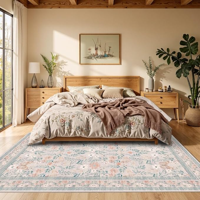 6x9 Pink Rug for Living Room Bedroom, Floral Washable Rug,Vintage Boho Area Rug, Large Non Slip Low Pile Flower Carpet for Indoor Dining Room,Girls Room,Nursery Room and Kids Room(Pink 6x9ft)