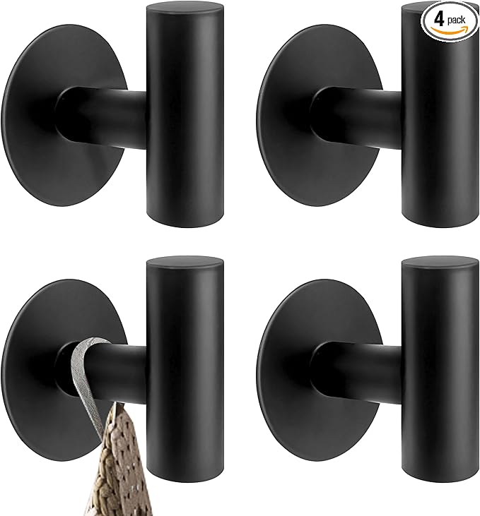 Adhesive Towel Hooks, Black SUS 304 Stainless Steel Hooks, Heavy Duty Waterproof Wall Hooks, Self Adhesive Coat Robe Hooks for Bathrooms Kitchen Wall Mounted (Black, 4 Pcs)