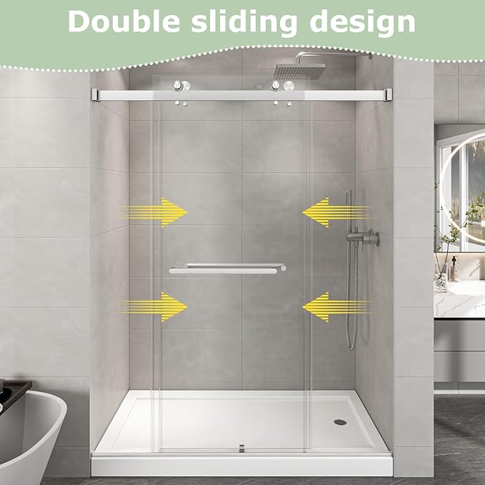 55"-60" W x 76" H Frameless Shower Door, Double Sliding Shower Door,5/16"(8mm) Clear Tempered Glass,Easy Sliding Shower Door with Explosion-Proof Film (Brushed Nickel 60" Wx76 H)