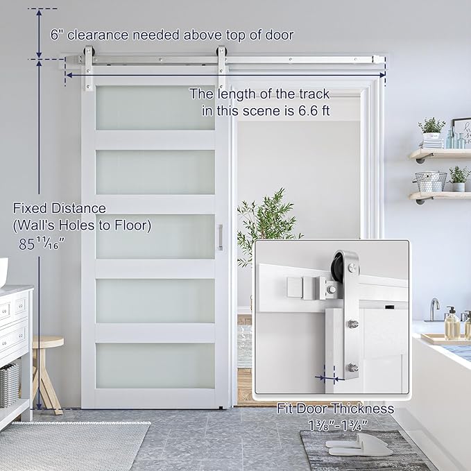 SmartStandard 38 x 84 inch Glass Barn Door with 6.6FT Brushed Nickel Sliding Hardware Kit & Handle, Pre-Drilled Ready to Assemble, Waterproof PVC Coating, White, 5-Panel Glass