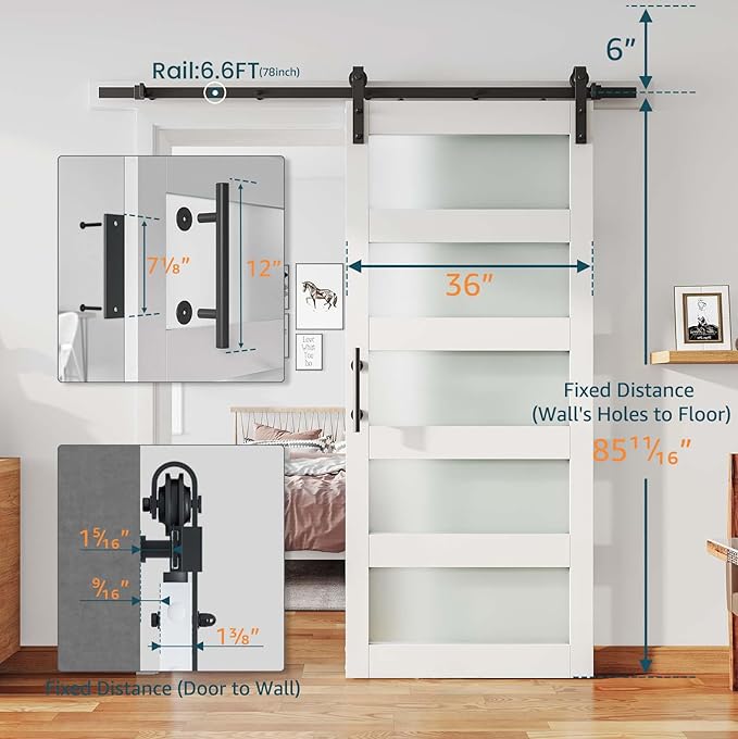 36'' x 84'' Glass Barn Door and 6.6 Ft Hardware Kit Included, MDF White Barn Door Slab with Frosted Glass, PVC Surface, Combined with Handle and Floor Guide-Assembly Required, White