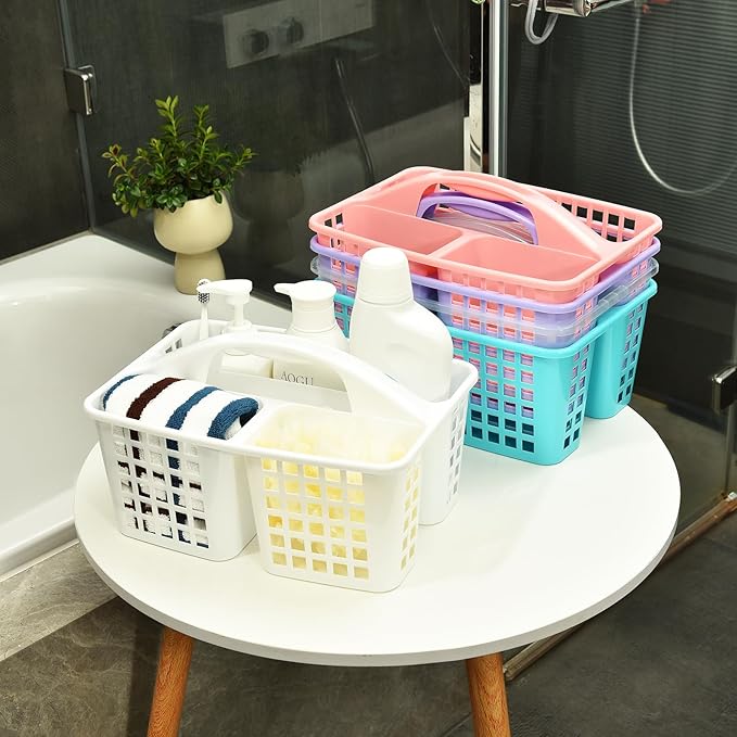 ALINK Plastic Shower Caddy Basket with Compartments, Portable Divided Cleaning Supply Storage Organizer with Handle for College Dorm Bathroom - Purple
