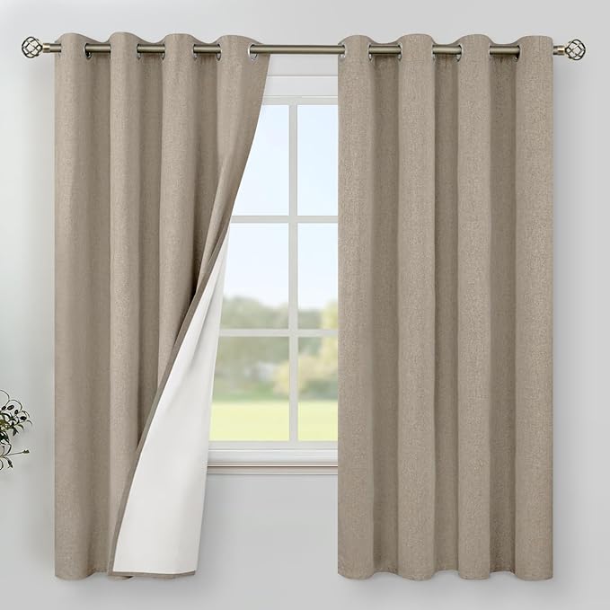 YoungsTex Taupe Linen Blackout Curtains for Bedroom 63 Inches Long, Tan Burlap Thermal Insulated Drapes Room Darkening with Grommet for Living Room Window, 2 Panels, 52 X 63 Inch