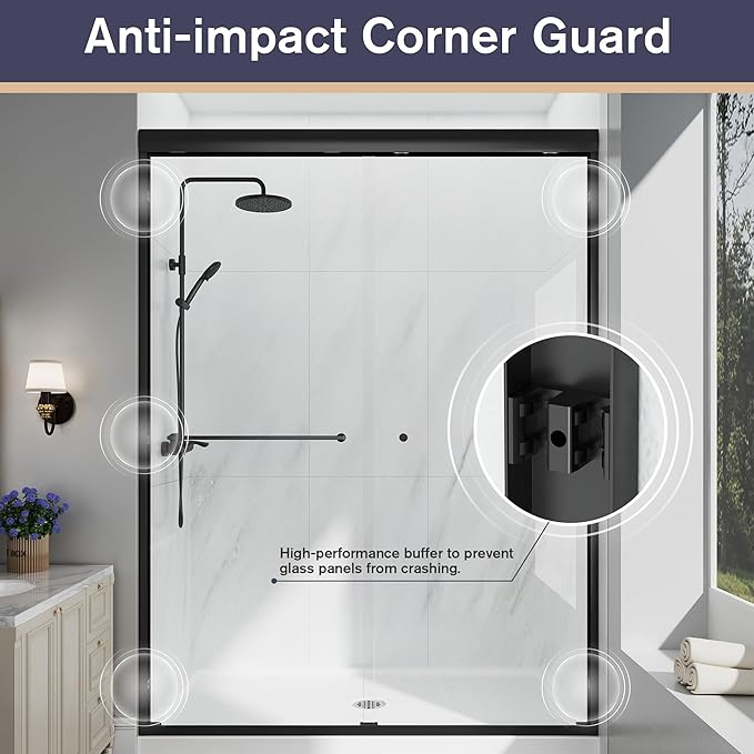 Double Sliding Shower Door, 49"-54" W x 70" H Semi-Frameless Glass Shower Door, 1/4'' (6mm) Clear SGCC Tempered Glass with Explosion-Proof Film and Nano Coating, Matte Black