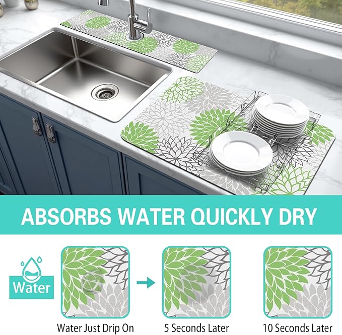 Dish Drying Mat for Kitchen Counter Matt, 2PCS 24"x18" Dish Drainer Mat & 24"x5.5" Sink Splash Guard, Super Absorbent Non-slip Rubber Backed