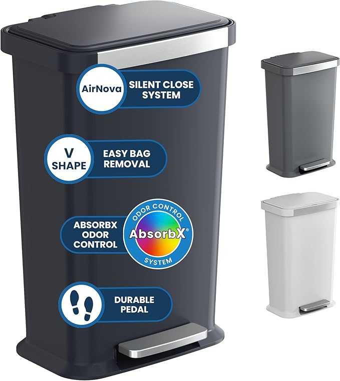 iTouchless SoftStep 13.2 Gal / 50L Step Pedal Kitchen Trash Can with Odor Filter, Stainless Steel Trim Dent-Proof Durable Construction, Garbage Bin with Lid for Home Office, Bedroom, Black Plastic