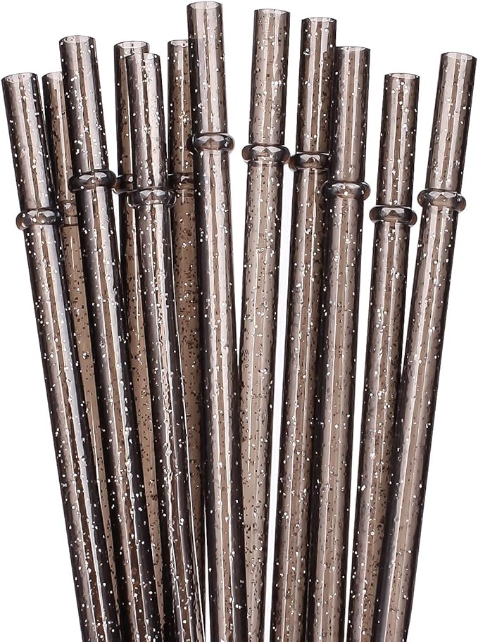 DAKOUFISH 11 Inch Long Glitter Black Reusable Tritan Replacement Drinking Straws for 16 oz & 24 oz Mason Jar,Tumblers, Set of 12 with Cleaning Brush (11inch, Glitter Black)