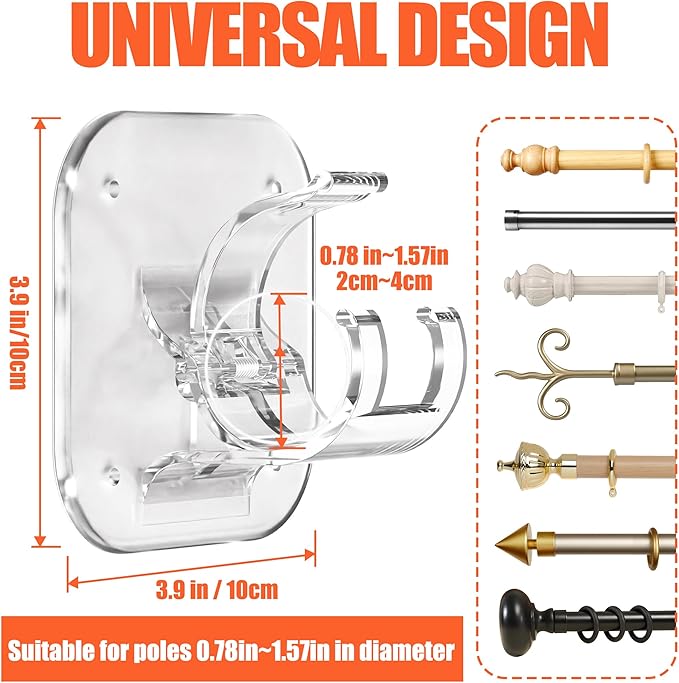 Adhesive Curtain Rods No Drilling Holder,No Drill Curtain Rod Brackets,Renter Friendly Curtain Hooks for Hanging Drapes,Over Blinds for Dorm Apartment Kitchen Bedroom Home Bathroom