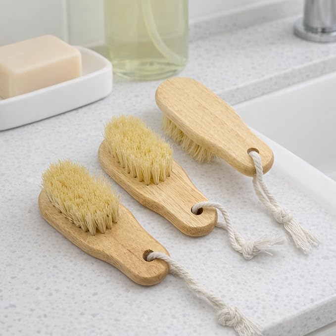 Wood Nail Brush with Hanging Hole, Fingernail Brushes for Cleaning Under Nails, Small Nail Cleaning Brush Set with Firm Sisal Bristles, 3Pack of Wooden Nail Scrubbers(Yellow)