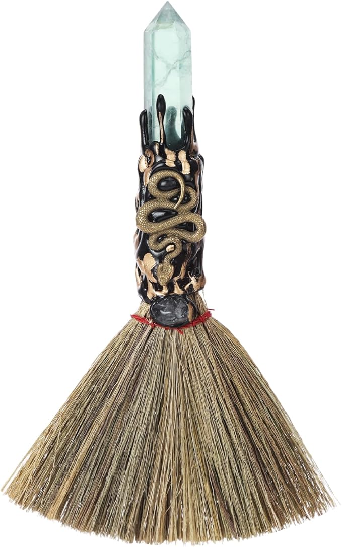 Witch Crystal Altar Broom - Witchcraft Supplies Wiccan Decor Snake Altar Supplies with Green Fluorite Natural Healing Crystals Reiki Energy Emotional Regulation Crafts