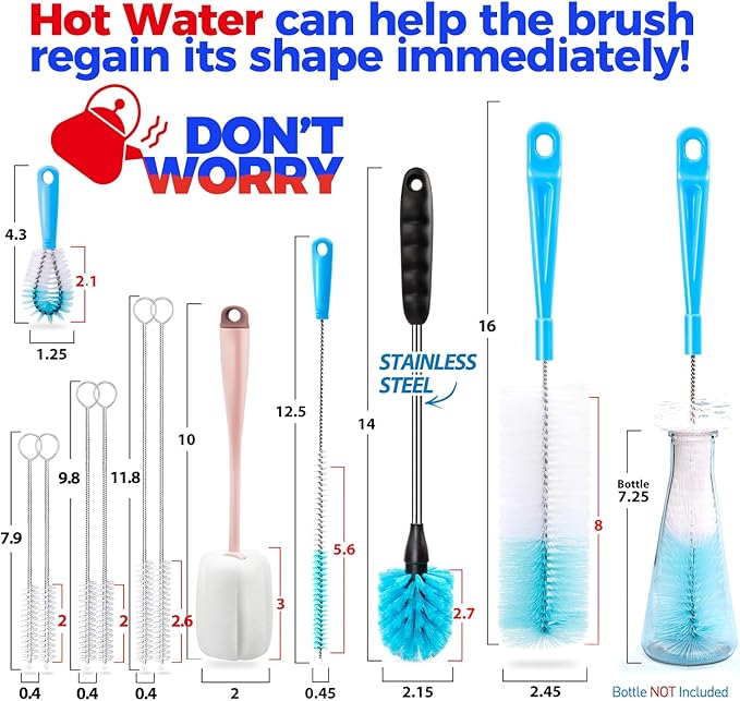 Holikme Bottle Brush Tube Cleaning Lab Set with Long Handle, Cup Cleaner for Washing Narrow Neck Beer Wine Decanter Pipes Lids Sinks Cap Covers, Pink