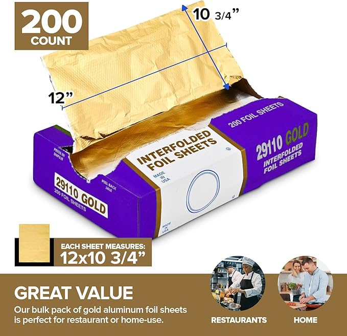 200 Count Pre-Cut Deli Gold Aluminum Foil - Heavy Duty 12' Pop Up Sheets for Restaurant, Disposable Foil for Food, Burrito, Hot Dog or Sandwich