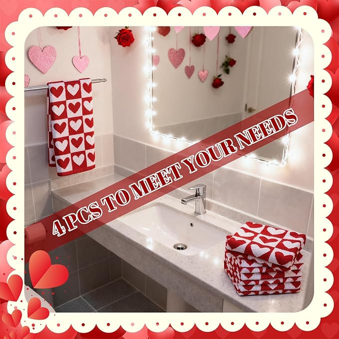 Frienda 4 Pcs Valentine's Day Hand Towels for Bathroom 13 x 29'' Soft 100% Cotton Red and White Hearts Decorative Towel Absorbent Valentine‘s Day Bathroom Decor for Drying Cleaning Cooking Gift