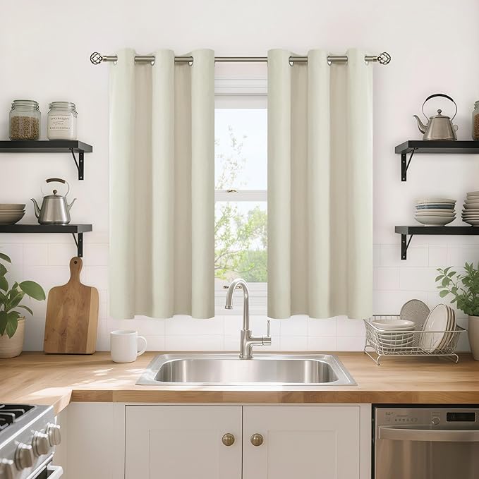 YoungsTex Linen Blackout Curtains 45 Inch Length for Kitchen Bedroom Window, Short Thermal Insulated Drapes with Grommets Room Darkening for Bathroom Windows, 2 Panels, 42 X 45 Inch