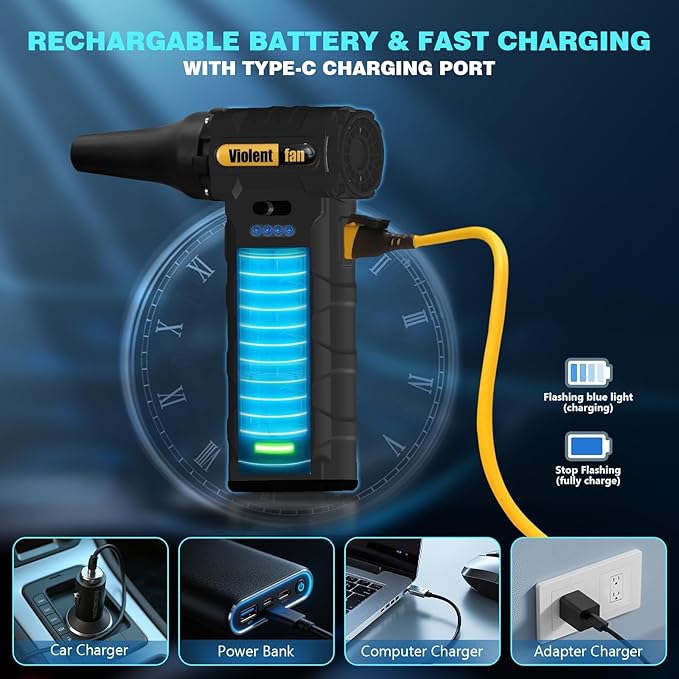 Electric Compressed Air Duster for Car Cleaning 110000 RPM Rechargeable Cordless Blower with 8000mah Battery for PC, Keyboard Includes Emergency Window Breaker & Seatbelt Cutter Replaces Canned Air