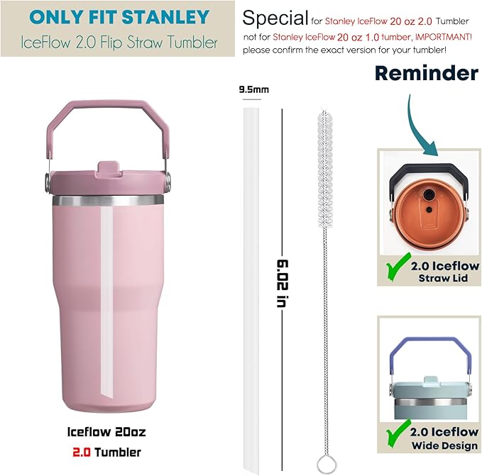 ALINK Reusable Clear Straws for Stanley IceFlow 2.0 Flip Straw Tumbler 20 oz, 6 Pack Plastic Replacement Straws Compatible with 20oz 2.0 IceFlow Cup with Brush, Angled Design, Dishwasher Safe