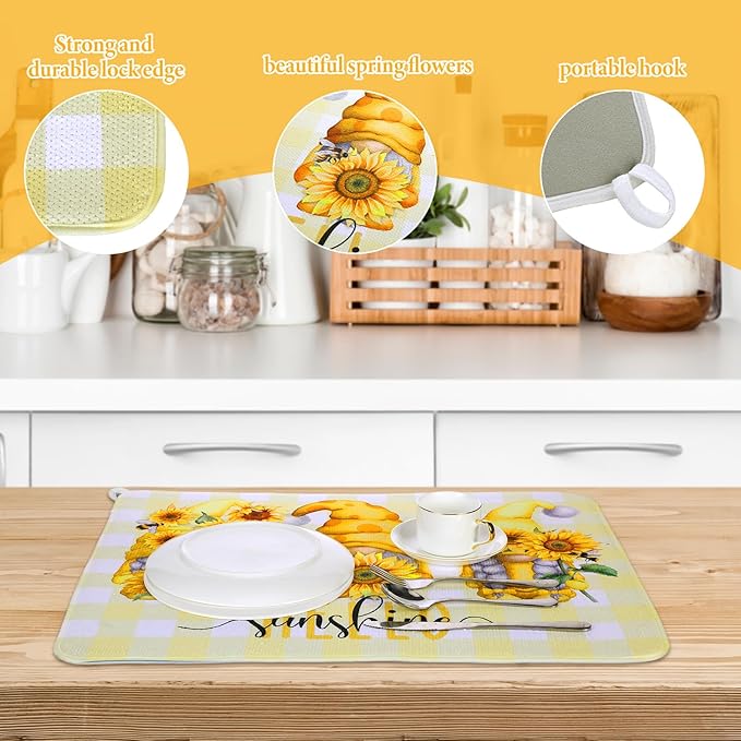 2 Pcs Sunflower Dish Drying Mat for Kitchen, Summer Absorbent Microfiber Dish Mat Counter Sunflower Gnome 18 x 24 Inch Dish Draining Mat Dish Drying Pad Reusable Washable Mat